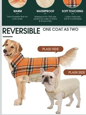 Kuoser Plaid Orange and Cream Dog Reversible Winter Coat